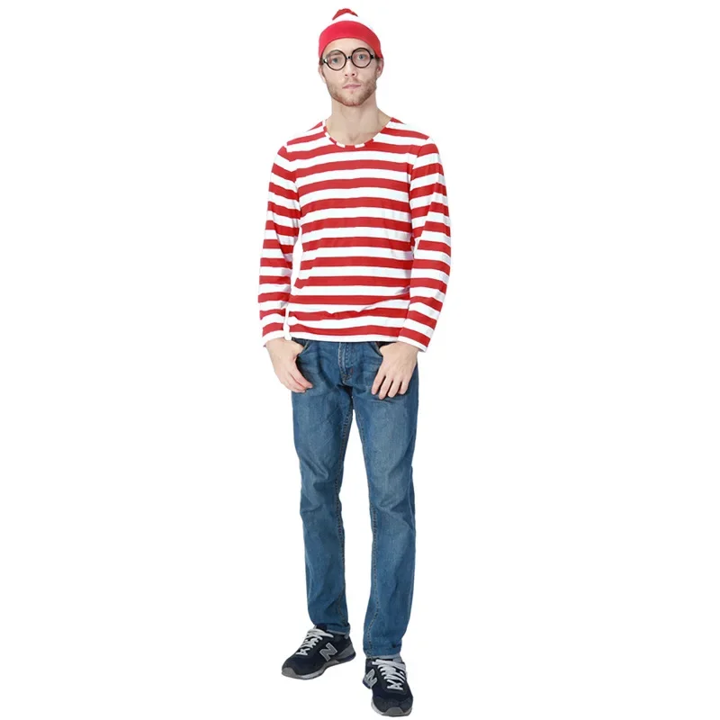 Ouder-kind Halloween Wheres Wally-kostuum Cosplay Kerstmis Gestreept T-shirt Hoed Bril Sokken Pak voor kinderen Volwassen