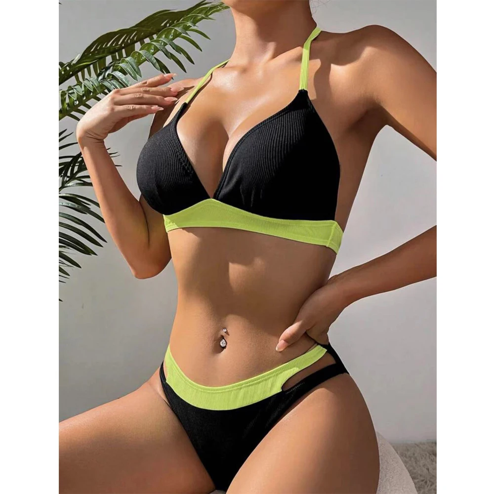 2025, Farbblock-Badeanzug für Damen, zweiteilig, hohe Taille, Bikini, fluoreszierender Riemen, Badeanzug, V-Ausschnitt, Push-up, Sommer-Strand-Badebekleidung