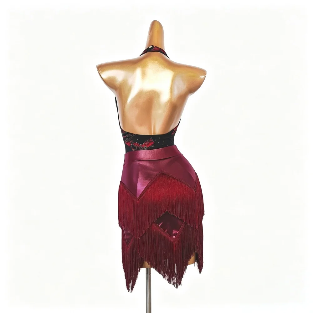 Women Red Rose Latin Dance Costume Mesh Backless Bodysuit Burgundy Fringe Leather Skirt Salsa Cha Cha Practice Dance Dress