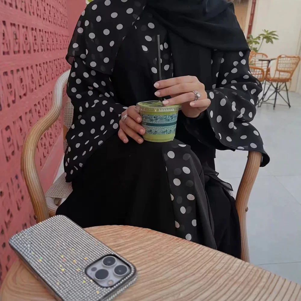 Women Abaya Dress Eid Muslim Party Dresses Dot Print Cardigan Robe Abayas Kaftan Islam Vestidos Ramadan Morocco Dubai Jalabiya