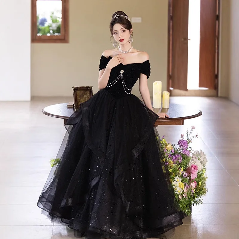 فستان سهرة أسود عصري للولائم 2026 جديد للربيع والصيف فستان طويل أنيق للمضيف امتحان فني فستان عالي الجودة للبالغين