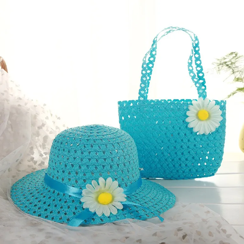 Kids Princess Straw Baby Girl Sun Beach Hat Flower Cap And Handbag Summer