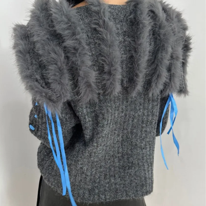 Koreańska dzianinowa kurtka damska z paskiem lub długi sweter z dużym futrzanym kołnierzem, łączona, jesienno-zimowa modna bluzka.