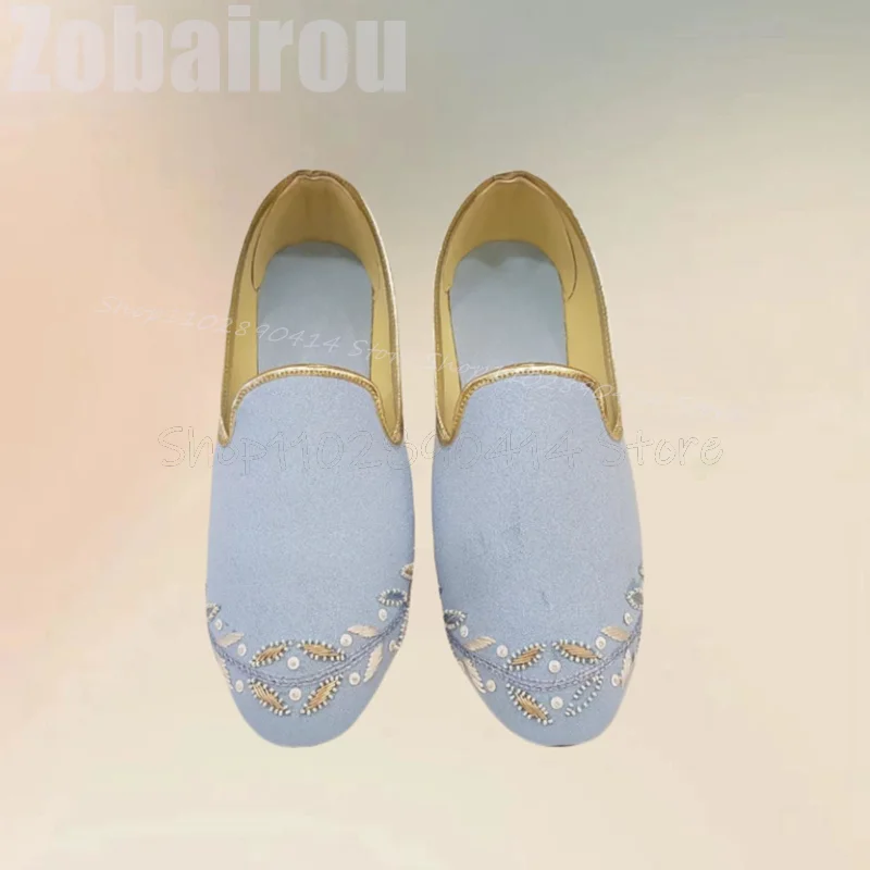 Sepatu Loafer Penny Desain Bordir Bunga Biru Langit, Sepatu Pria Slip On Modis, Sepatu Kasual Pria Buatan Tangan Mewah untuk Pesta, Jamuan Makan, Kencan