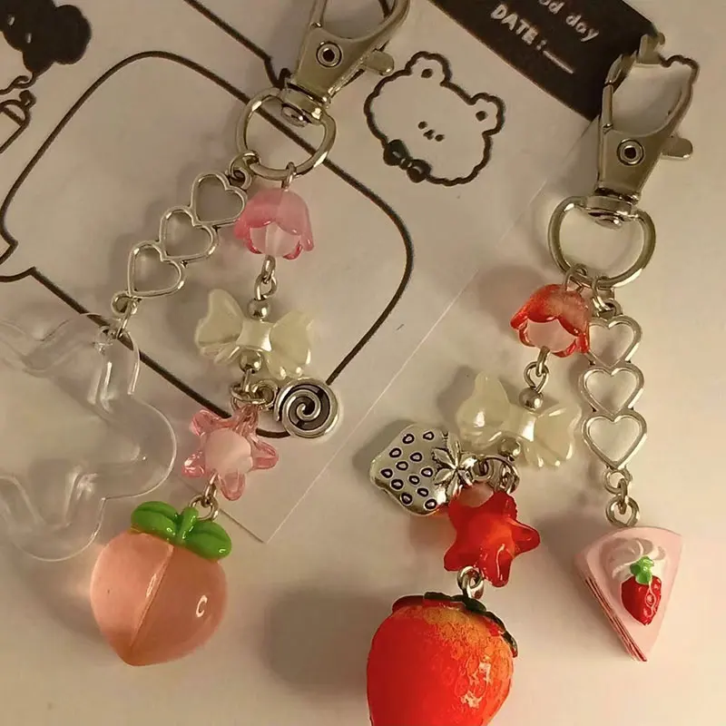 Strawberry and peach matching keychain handmade jewelry image 2