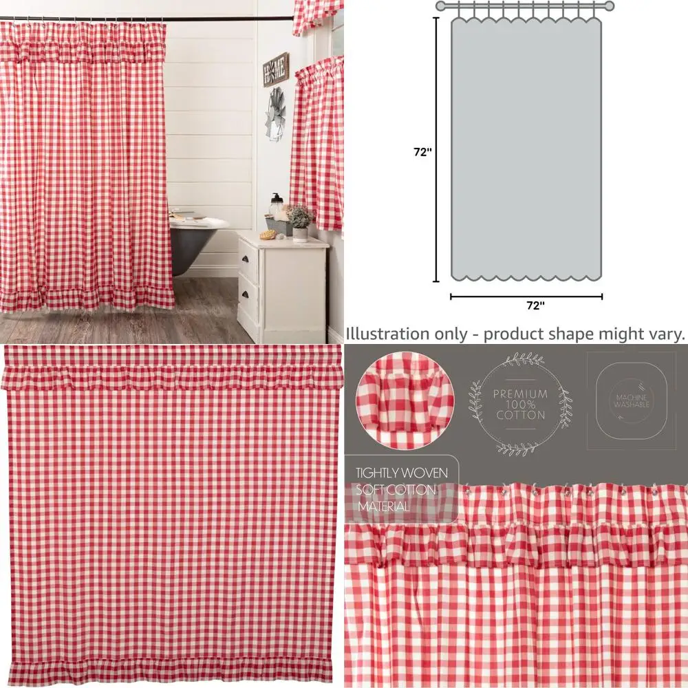 

Red Country-Style Cotton Buffalo Check Bath Curtain with Pocket and Button-Hole Hooks