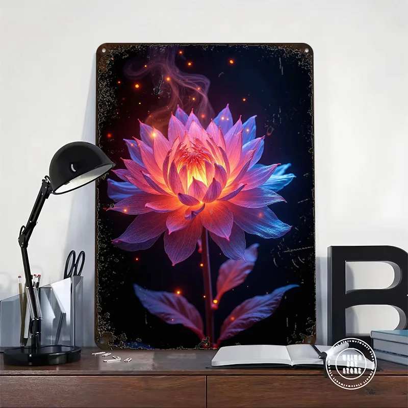 Glowing Lotus Flower Digital Art Printed Posters Customizable Wall Art Retro Vintage Metal Tin Signs for Home Room Desk Decor