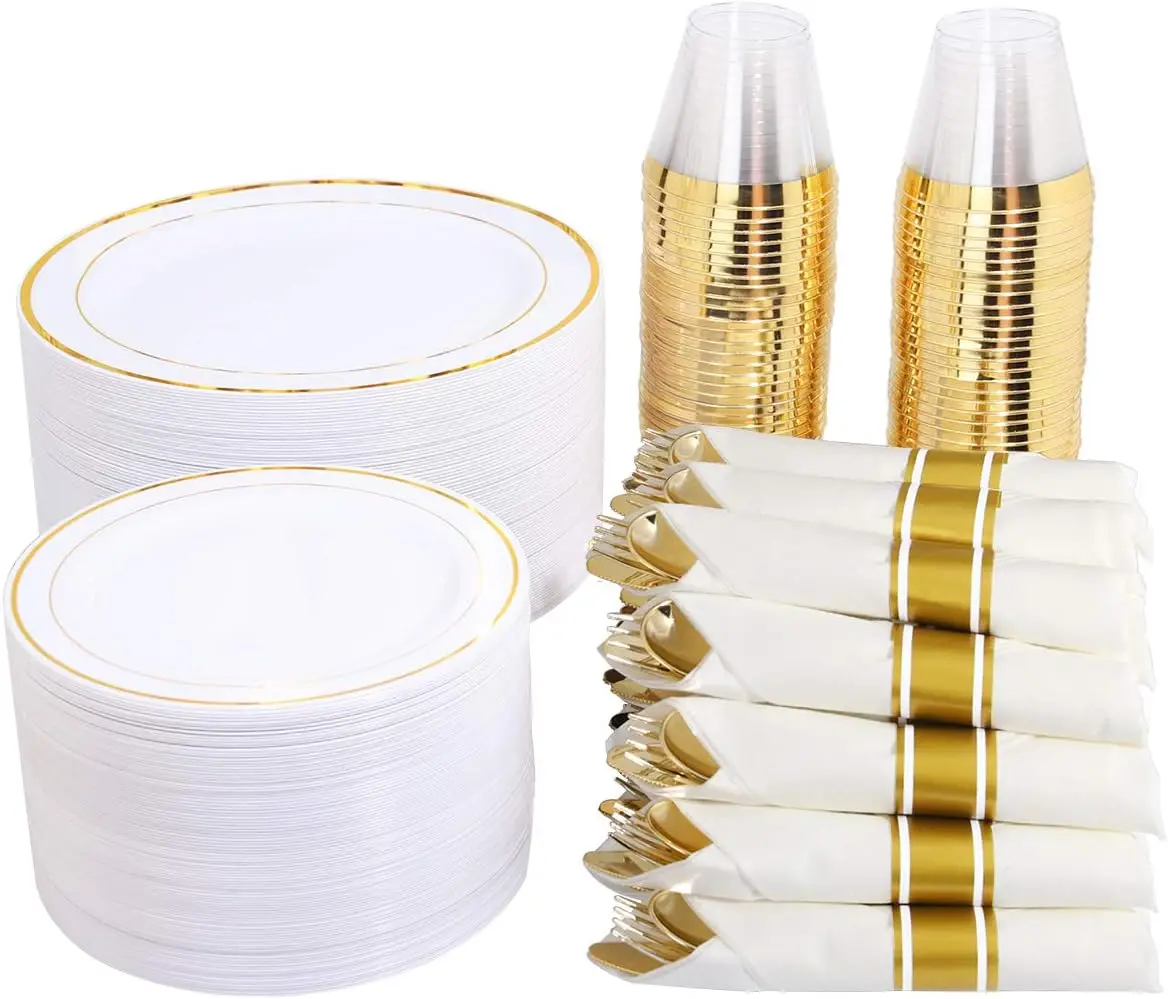 

50 Dinner Plates 10.25”, Dessert Plates 7.5”, Rim Cups 9 OZ, Gold Cutlery for Wedding
