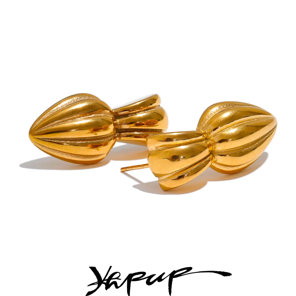 Yhpup Distinctive Stainless Steel Metal Geometric Stripe Stud Earrings Golden Texture Tarnish Resistant Stylish Unique Jewelry