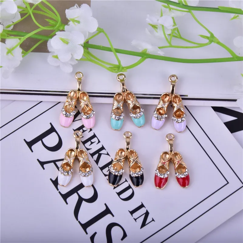 10pcs/pack Ballet Slippers Enamel Charms  Shoes  Metal Gold Color  Pendant  Earring DIY Fashion Jewelry Accessories 15*26mm