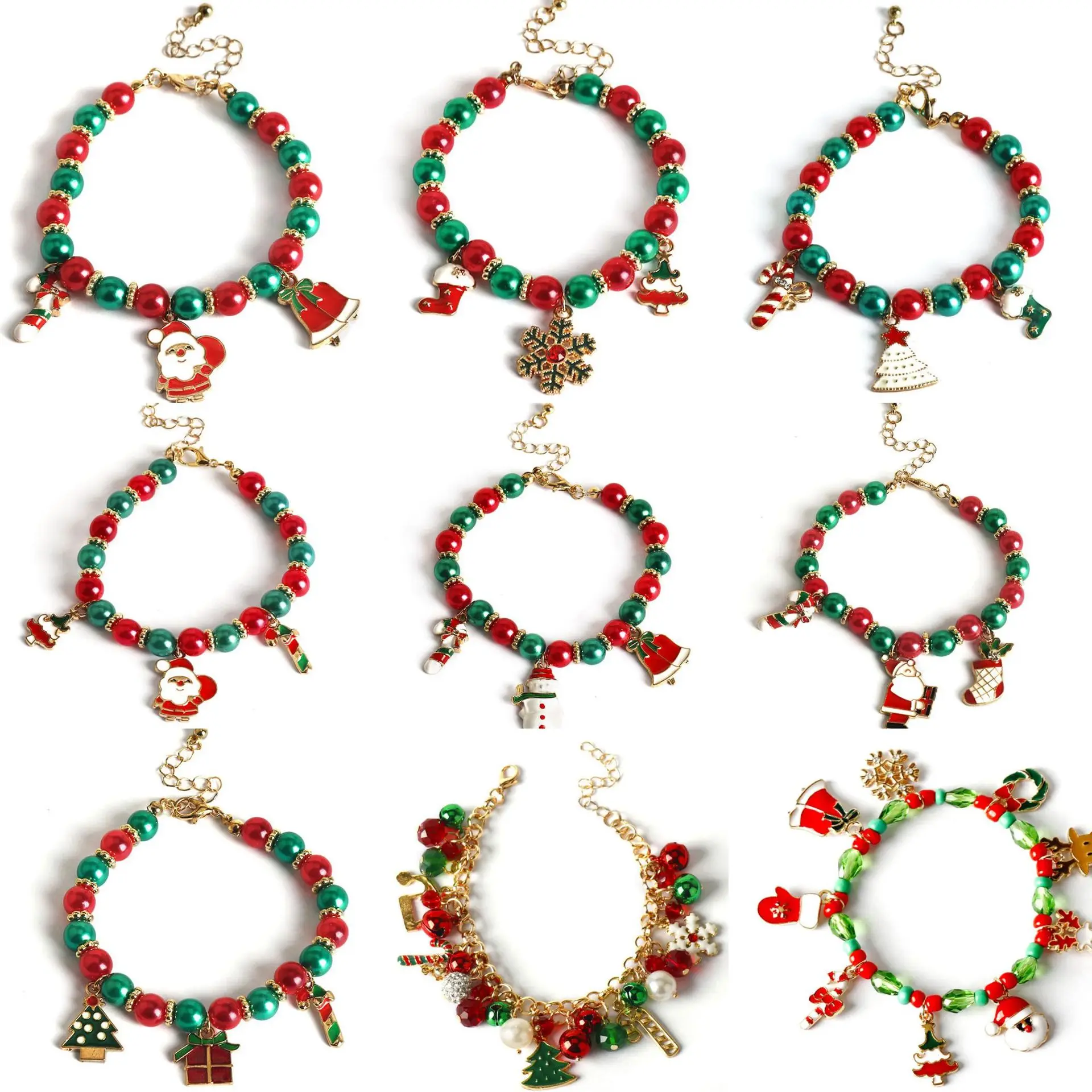 กำไลข้อมือลูกปัดของขวัญเทศกาลคริสต์มาส ซานตาคลอส ระฆังเกล็ดหิมะ พู่ห้อยระย้า ทำมือ เครื่องประดับสำหรับสาวๆ ของขวัญสำหรับงานปาร์ตี้