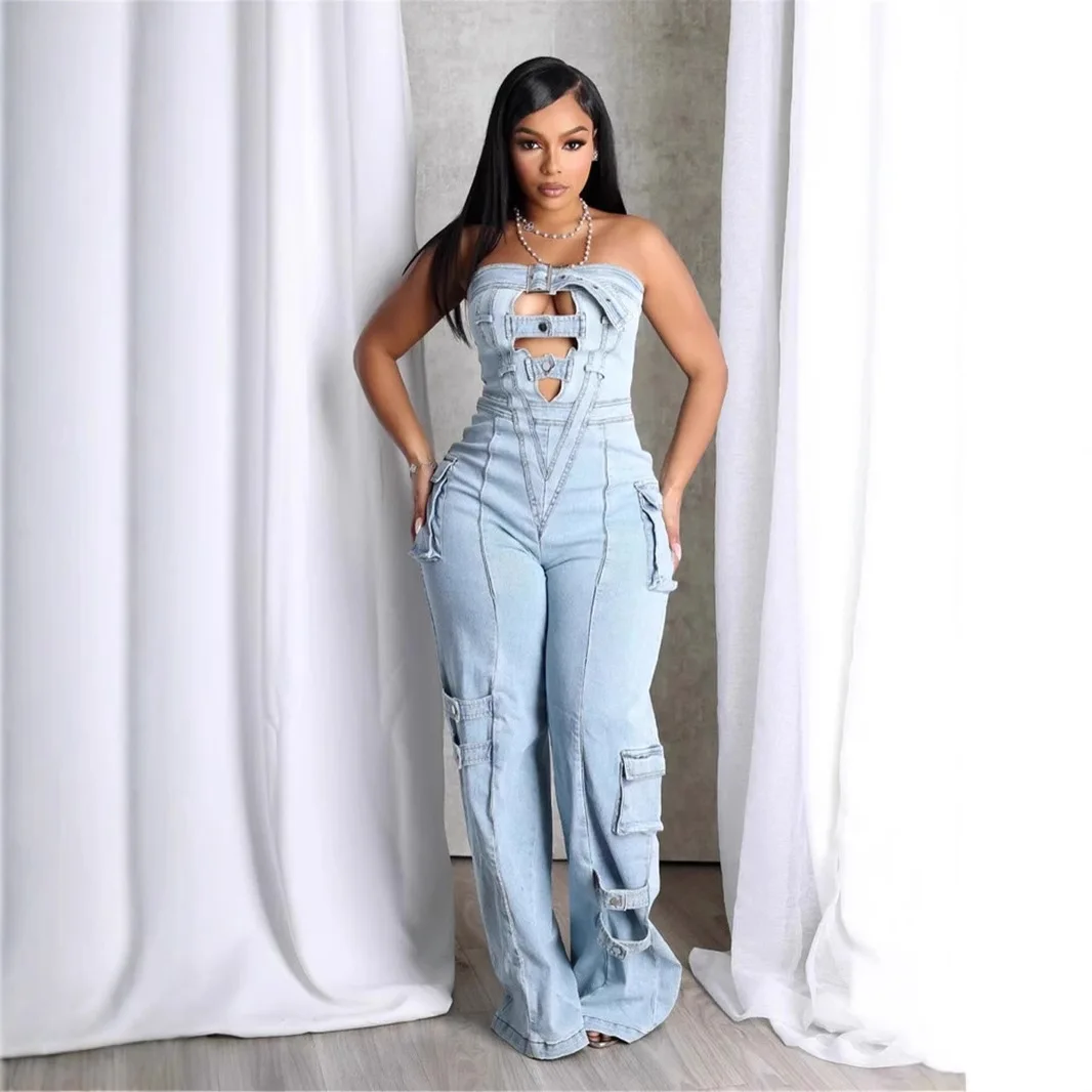 Y2k Women's Denim Jumpsuit Trendy Fashion Spice Chest Breasted Multi-Pocket Cargo Pants Hollow Out Sexy Streetwear Slim Overalls