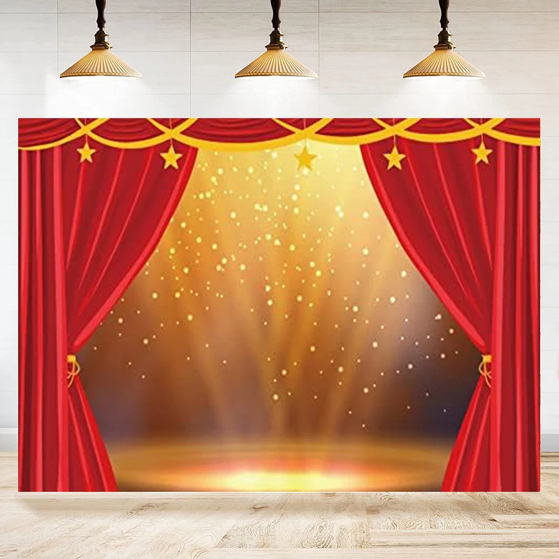 

Photography Background Theater Red Golden Stage Lights Glitter Red Curtains Golden Stars Festival Celebration Poster Banner