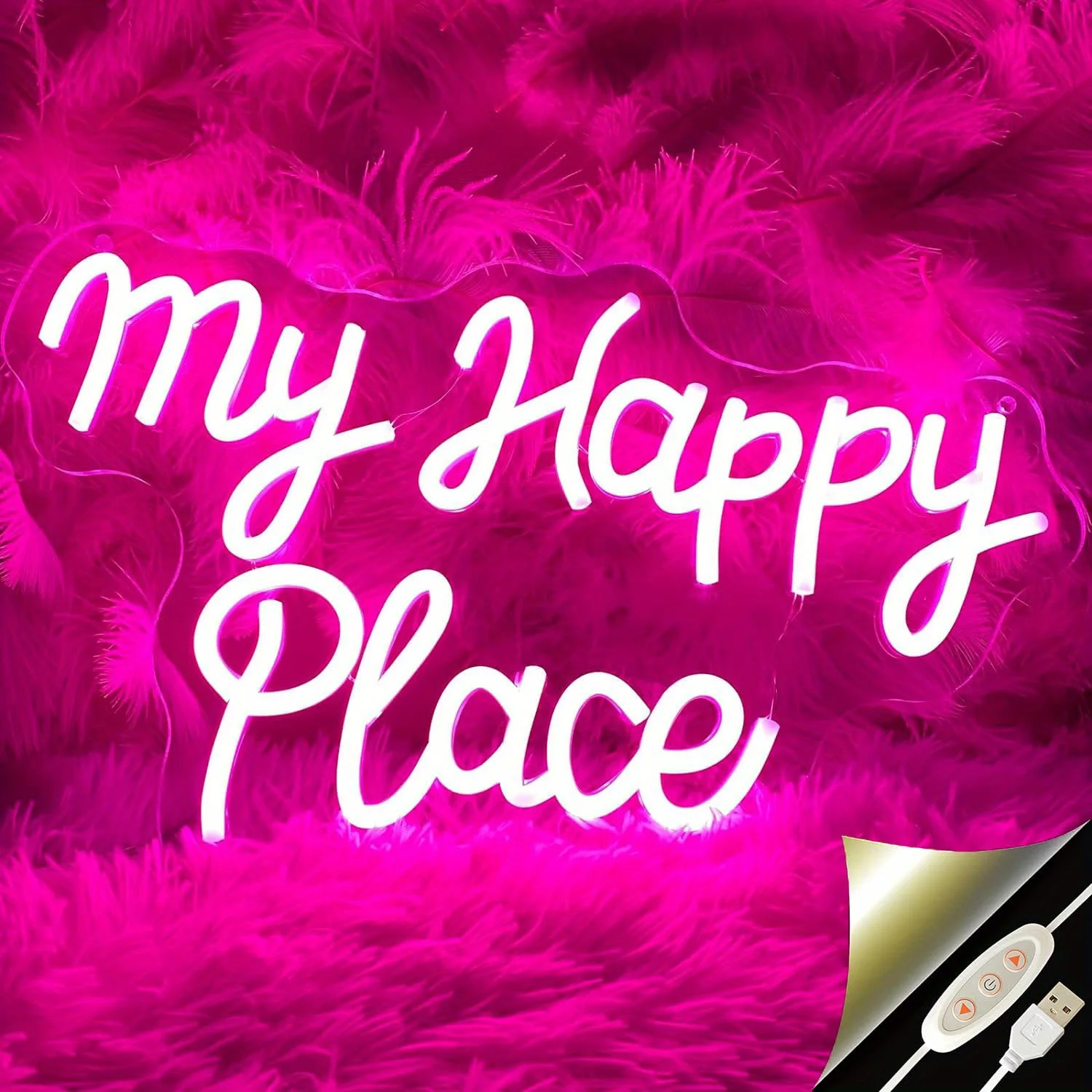 My Happy Place Pink LED Neon Sign Dimmable USB Wall Art Bedroom Living Room Decor Cozy Home Atmosphere Gift
