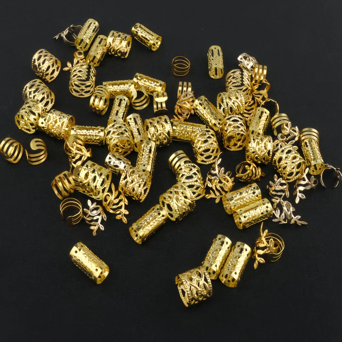 40개/봉지 골든 올리브 가지 모양 속이 빈 드레드락 가발 헤어 링 세트 - DIY 가발 드레드 브레이딩 헤어 액세서리 부품