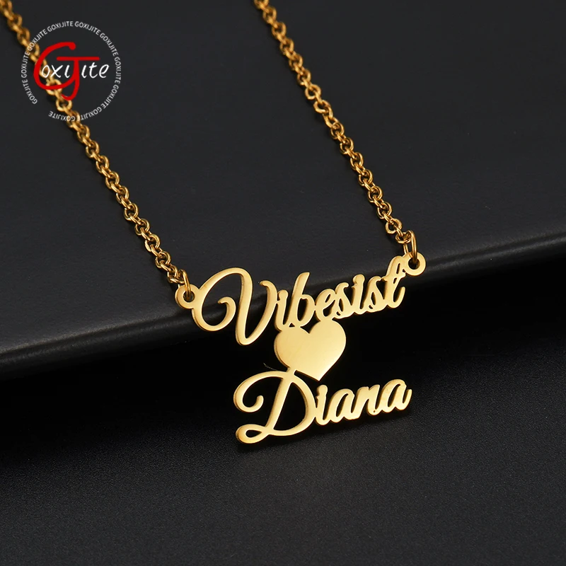 Goxijite Customized 2 Names Necklace For Women Stainless Steel Custom Crown Heart Nameplate Necklaces Mother\'s Day Gifts