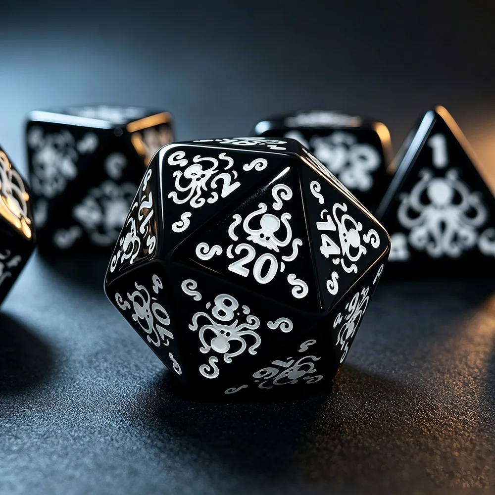 7Pcs Polyhedral Acrylic Dice Black With White Numbers Cthulhu Octopus For DND RPG Tabletop Board Game Party Gaming Supplies