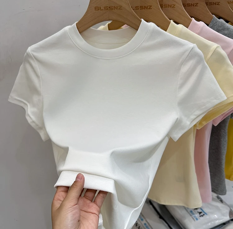 AOSSVIAO 2026 Summer Solid Color Women's Short Sleeve T-Shirt American Vintage Y2K Slim Basic O-Neck Tee Trendy Slim Fit Tops