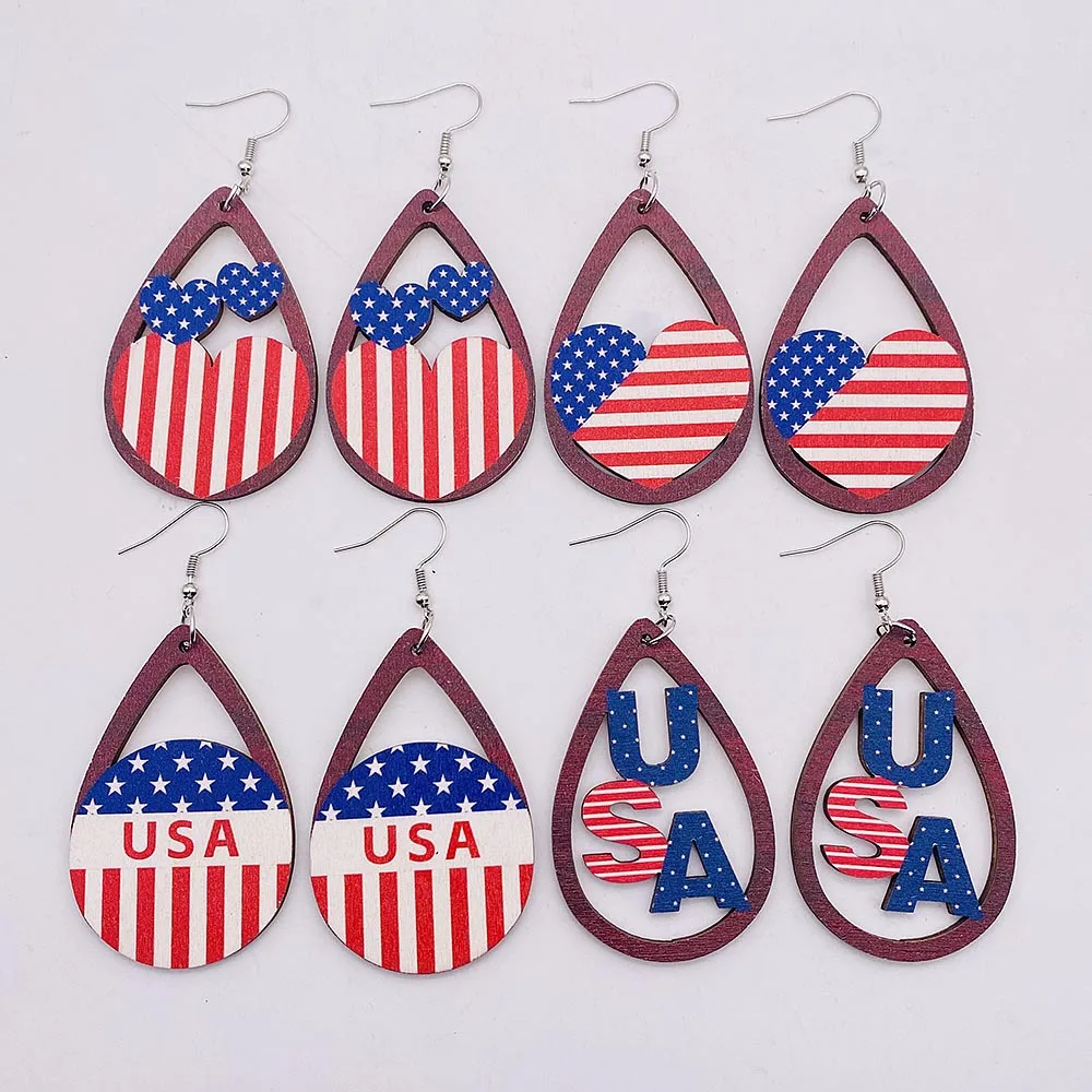 Independence Day Wood Drop Earrings Stars and Stripes USA Flag Printing Wooden Cowgirl Earrings Gifts Jewelry