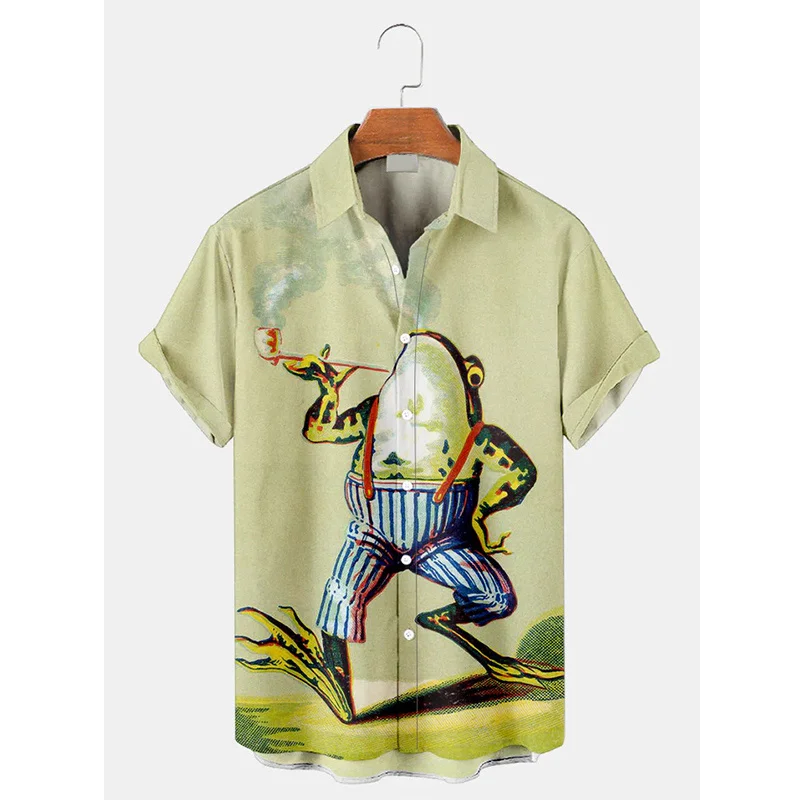 

Гавайская рубашка с забавным рисунком лягушки для мужчин, рубашки с 3D рисунком животных, Алоха, Повседневная Уличная одежда, блузка с коротким рукавом, топы с лацканами