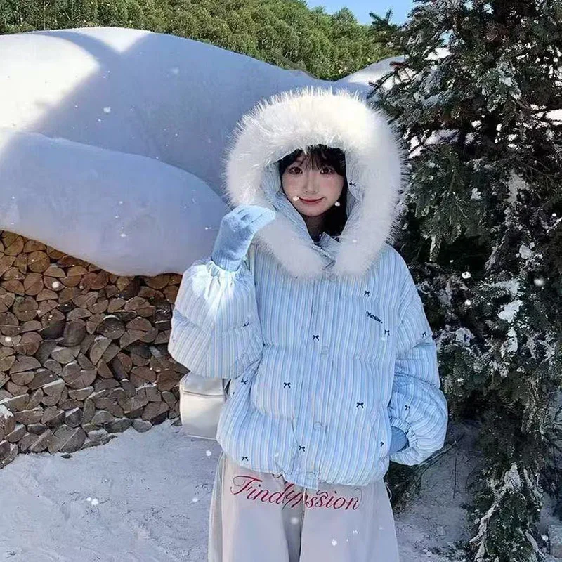 Winter Warm Parkas Female Y2K Korean Kawaii Furry Hooded Coats Y2K Loose Preppy Puffer Jacket Thick Zipper Fluffy Down Coats