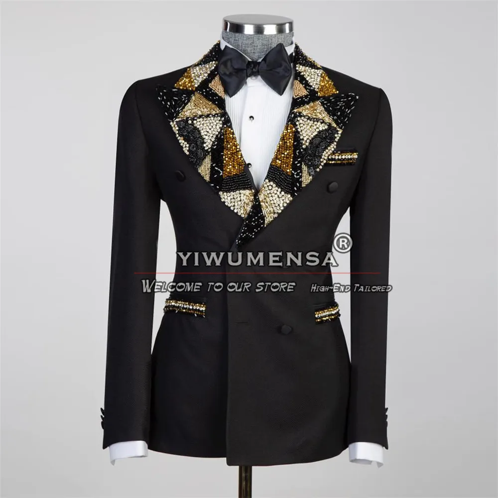 

Костюм мужской с бисерной отделкой из цветных кристаллов, двубортный пиджак и брюки, 2 предмета, для торжественных мероприятий, свадебный смокинг для жениха, деловая одежда для мужчин