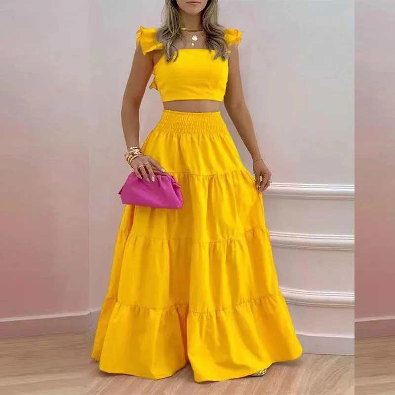 Summer 2024 Sexy Pure Color Midi Waist Halter Gown Two-Piece Set Dress Cross-Border Large Flounce Single-Piece Dress