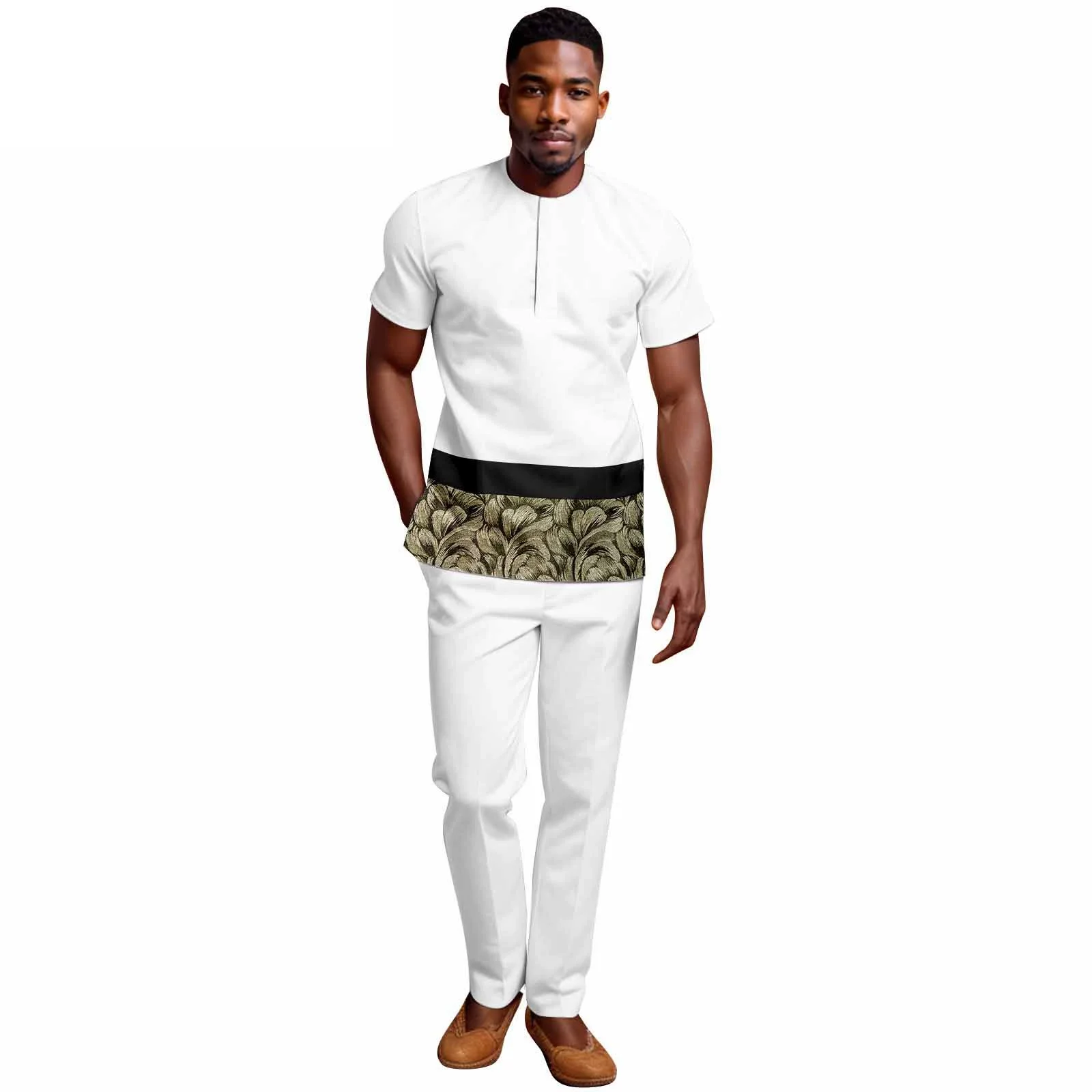 Африканский этнический однотонный хлопковый мужской повседневный костюм с короткими рукавами, топ и брюки, подходящий для разных случаев на вечеринках