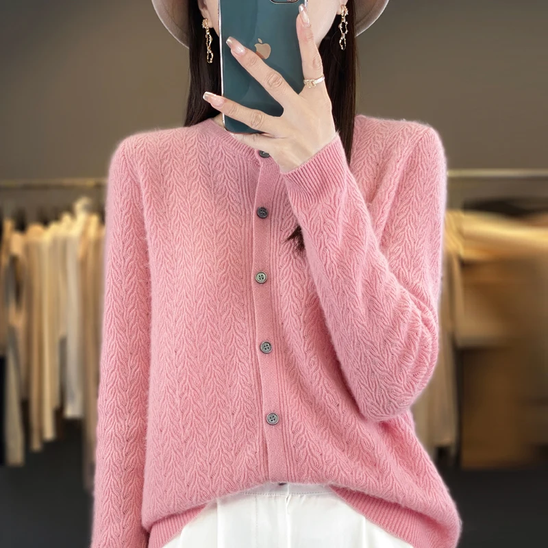 BELIARST 100% Merino Wool Sweater Women\'s Round Neck Phoenix Tail Cardigan Spring and Autumn New Thin Knit Bottom Sweater Top