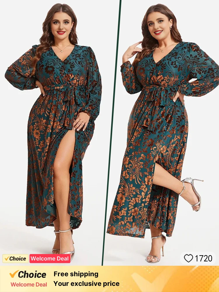 

Green Velvet Fashion Dress Gorgeous Plush Women's Evening Dress Sexy V-neck Long sleeved Dress Elegant Wrapped Printed Dress