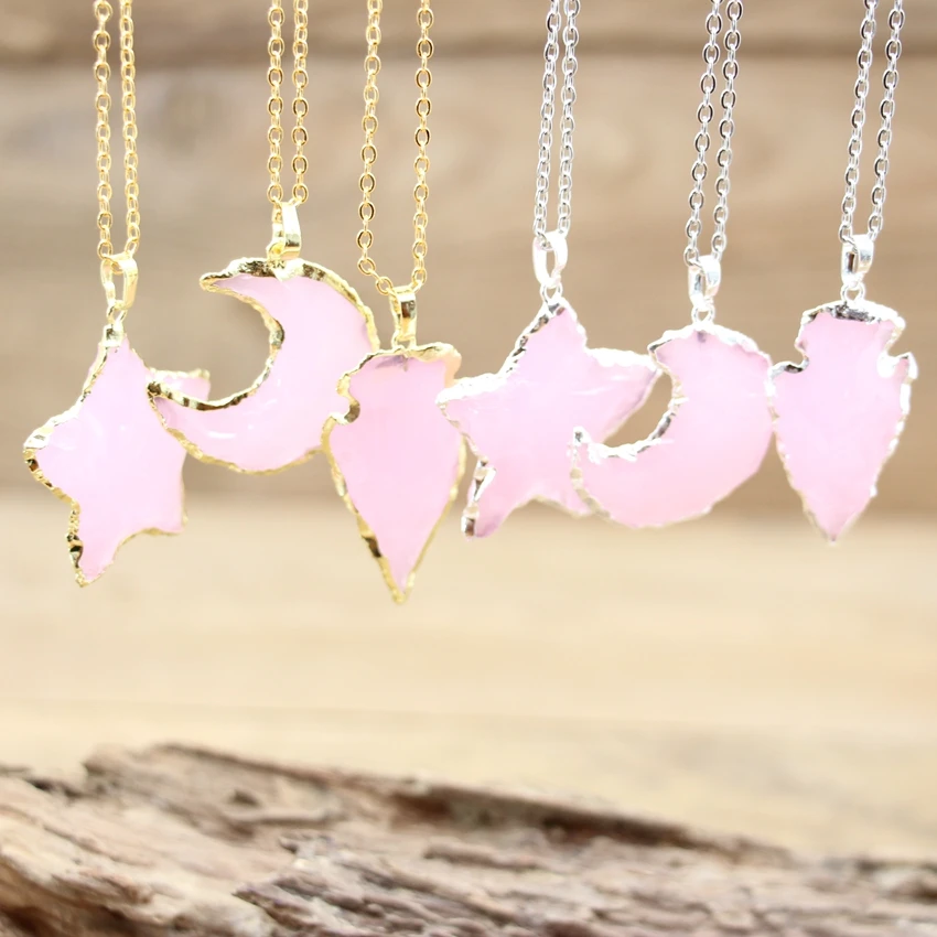 دلايات على شكل نجمة وقمر كريستال للنساء ، عقد شفاء ، كوارتز خام ، أوبال ، سهم ، خشن ، وردي ، مجوهرات بوهو ، QC3250 ، بيع بالجملة