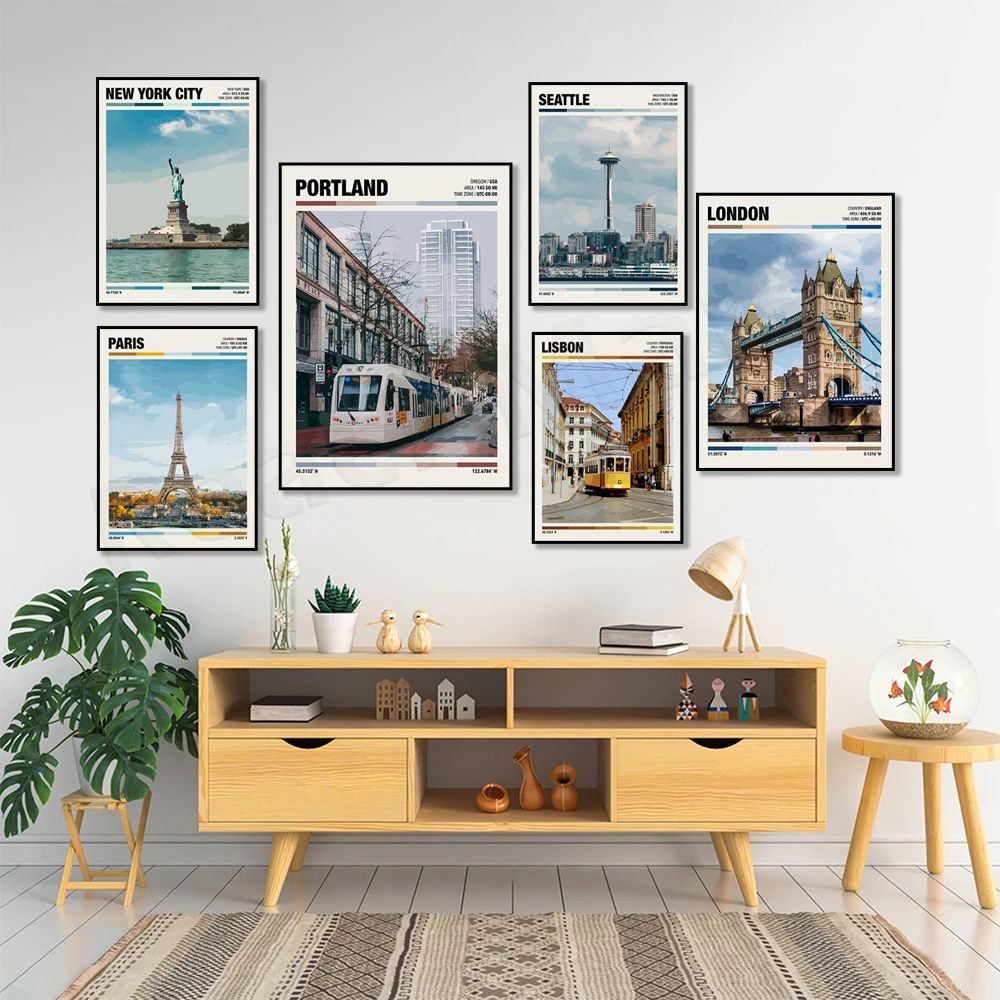 San Francisco, Lisbon Portugal, Downtown Portland, Seattle Space Needle, New York City, London, Rome, Eiffel Tower travel poster