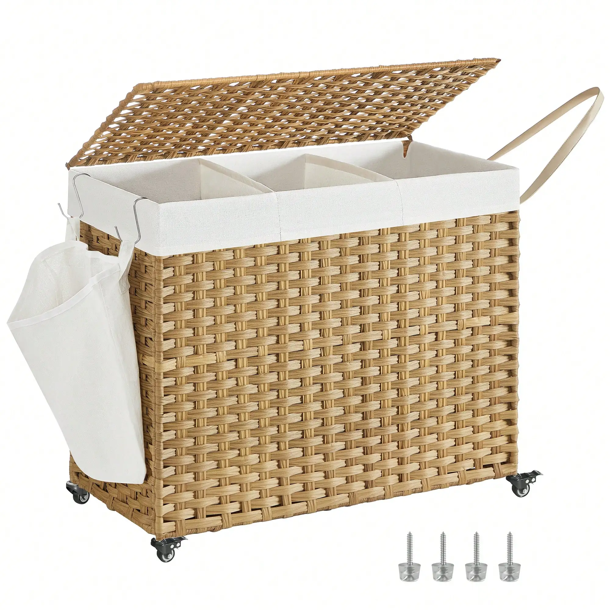 Laundry Hamper With Lid, 42.3 Gallons (160 L), Rolling Laundry Basket With Wheels, 3-Section Synthetic Rattan, Removable Liner, Bedroom, 27.6 X 14.2 X 26 Inches