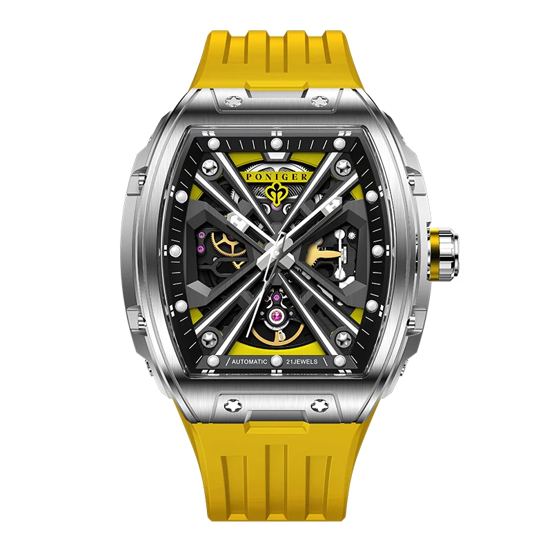 PONIGER Men Automatic Watch 46mm*51mm Tonneau Mechanical Wristwatch Sapphire Luminous 5ATM Waterproof Skeleton Dial Rubber Strap