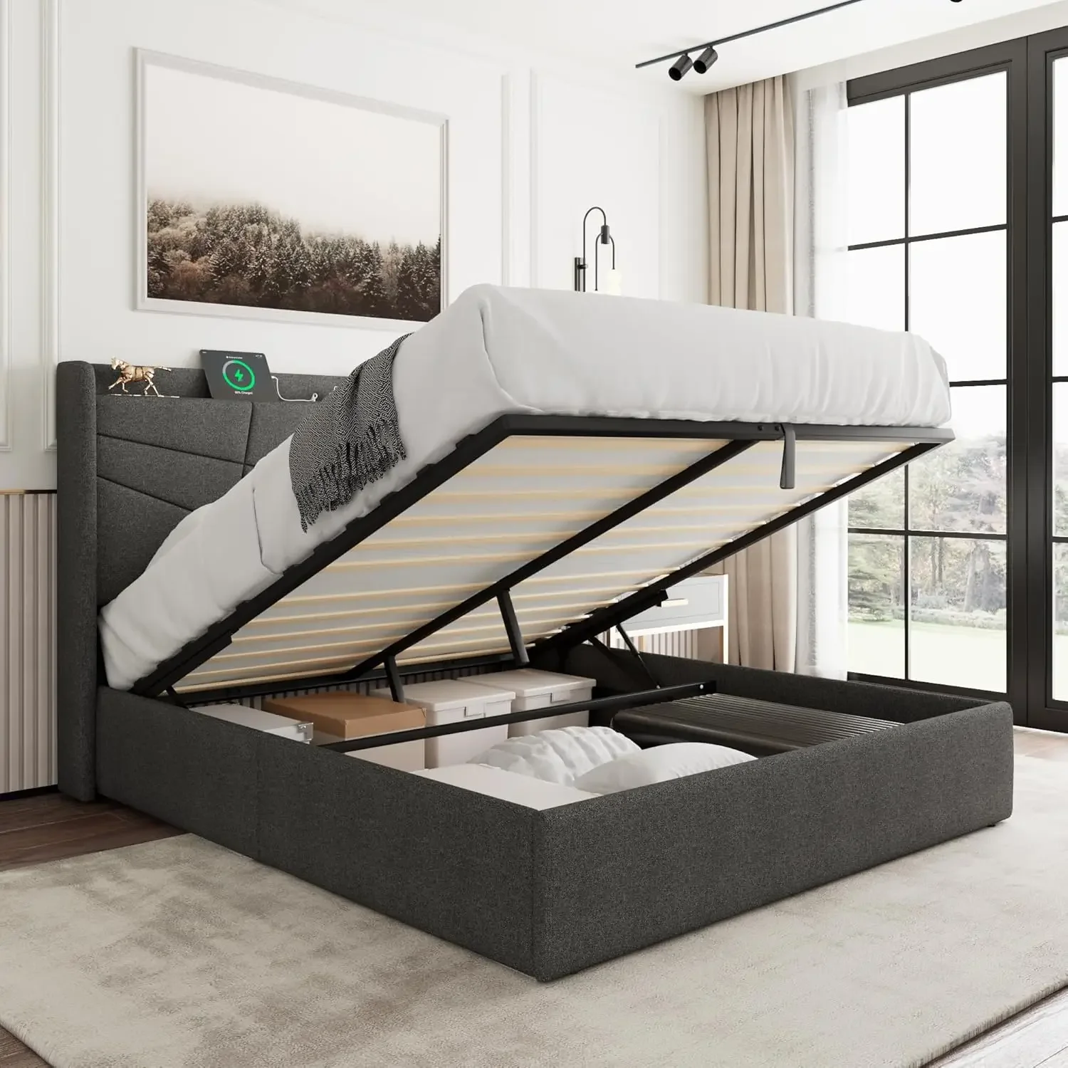 Telaio letto contenitore sollevabile Queen Size con stazione di ricarica, struttura letto con piattaforma imbottita con testiera, contenitore idraulico