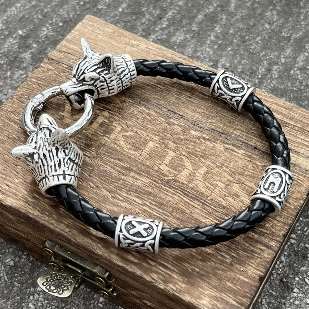 Wolf Heads Norse Mythology Jewelry Runic Beads Viking Bracelet Bangle Men Women Accessories Dropshipping