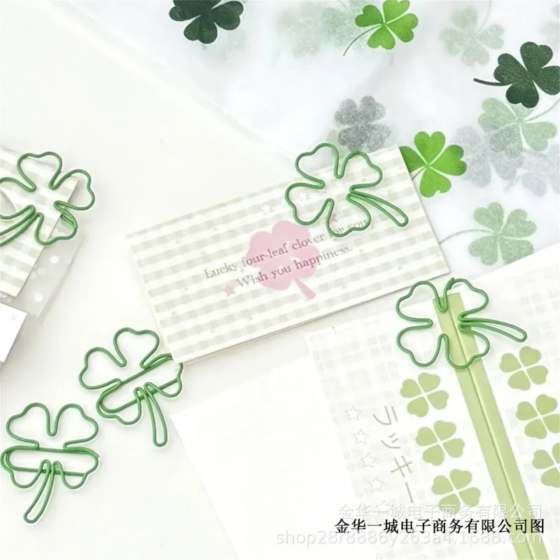 10Pcs Cute INS Green Four-leaf Clover Paperclips Lovely Girl Scrapbook Decor Binder Clip Office Document Bill  Binding Supplies