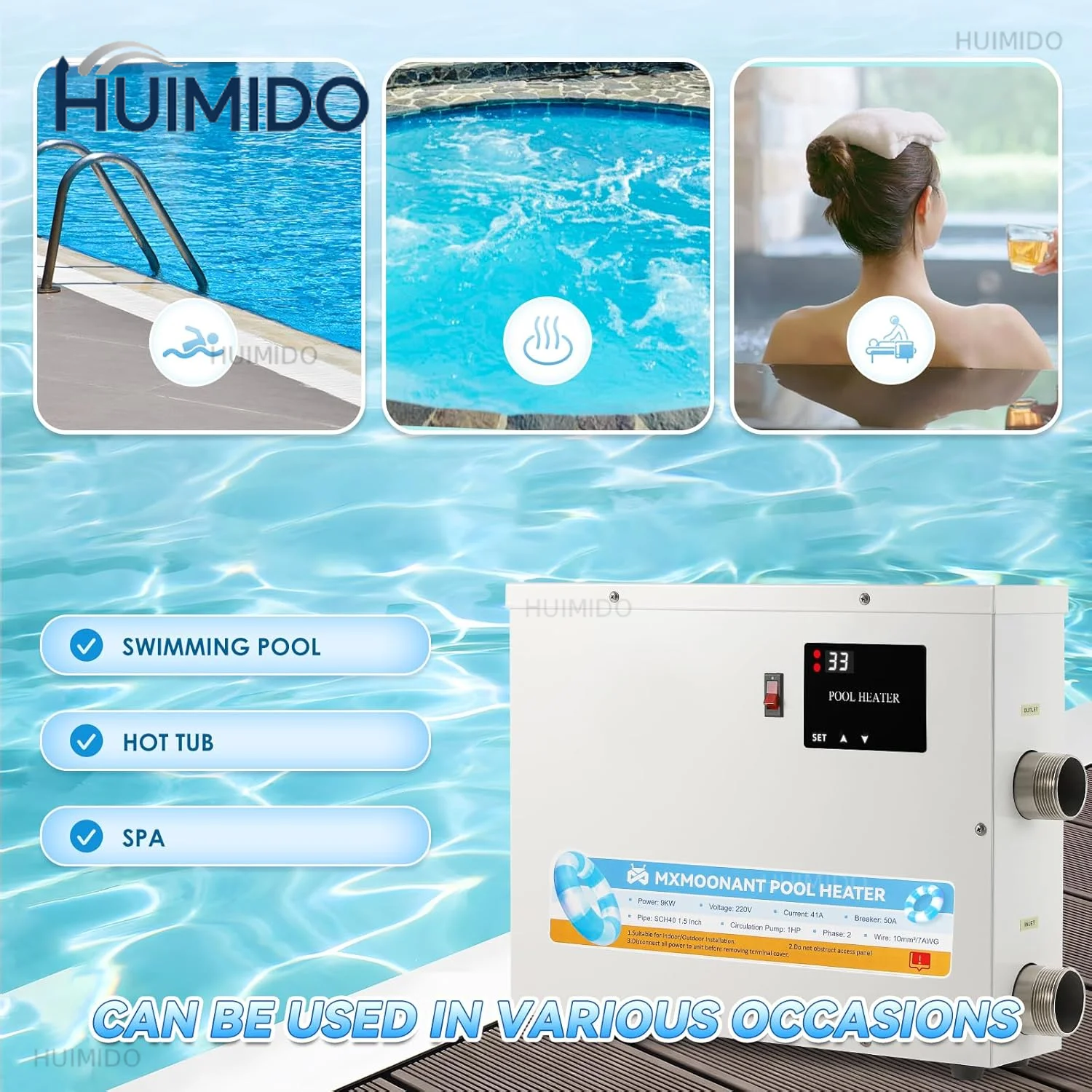 Electric Swimming Spa Heater 11KW 220V Hot Tub Water Thermostat with Touch Screen for Above-Ground Pool Spa Tubs