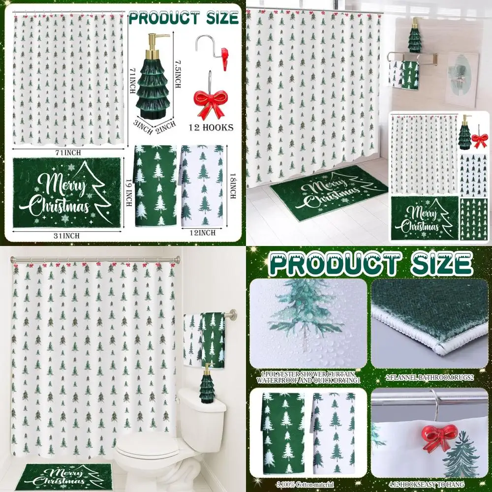 

Complete 17-Piece Christmas Bathroom Set: Tree Shower Curtain, 12 Hooks, Mat, Dispenser, 2 Towels for Festive Decor