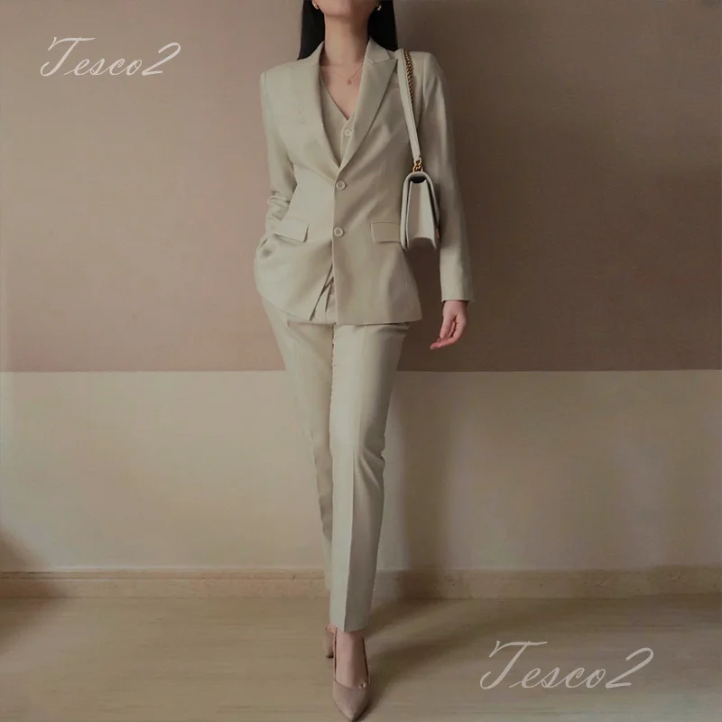 Tesco Office Women Elegant Pak Lange Mouw Blazer + Kokerbroek + Vest 3-delige Formele Outfits Voor Werkfeest Vrouwelijk Broek Sets 2024