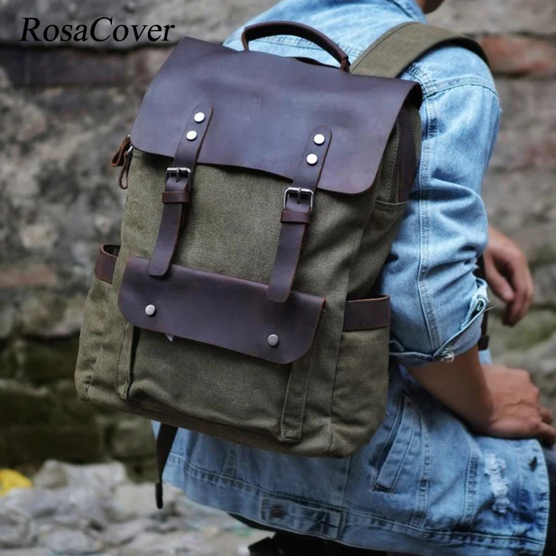 

Mountaineering bag Fashion Men Backpack Vintage Canvas Backpack Leather School Bag Neutral Portable Wearproof Travel Bag Mochila