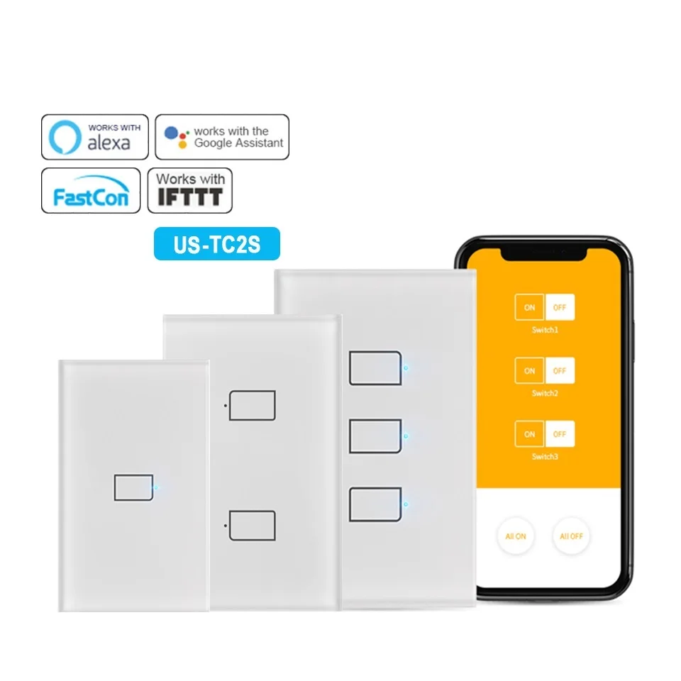 TC2S EUA Padrão Wall Touch Panel Light Switch, Funciona com RM 4 Pro, Controle Remoto, 1 Gang, 2 Gang, 3Gang, Conexão 433MHz, 2021, Novo