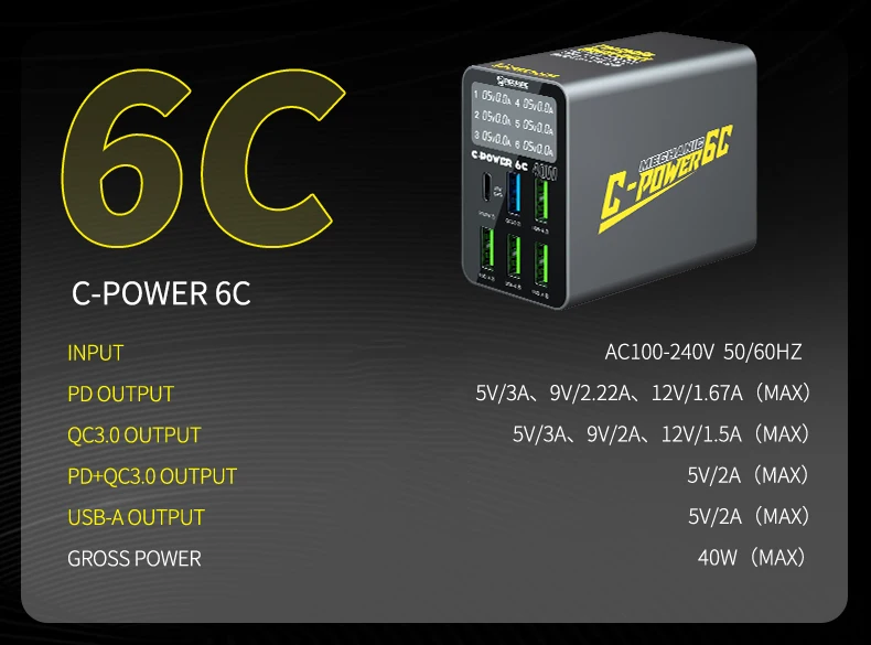MECHANIC C-Power 6-poorts USB-snellader, multi-poort oplaadstation met digitaal display, desktoplader voor mobiele telefoons en tablets