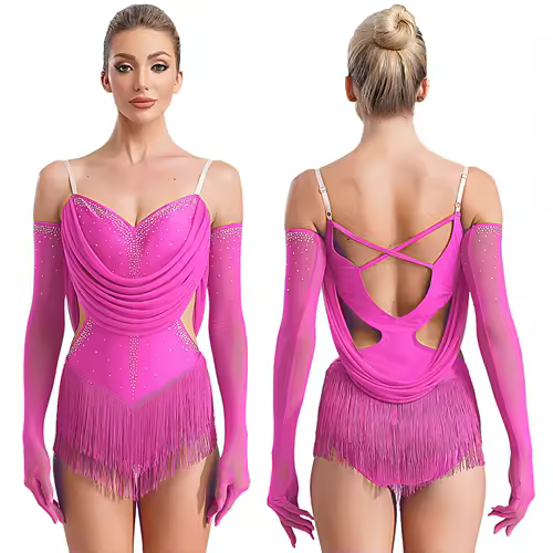 Womens Tassel Latin Dance Leotard Dress Rhinestone Fringed Bodysuit+Gloves Outfits for Tango Cha-Cha Salsa Skating Performance - Image 7