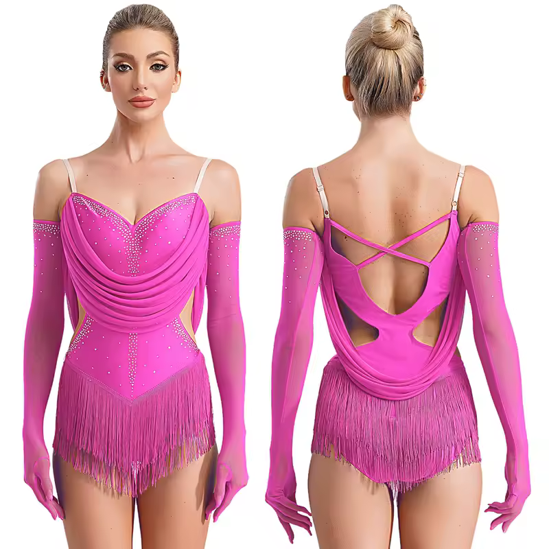 Womens Tassel Latin Dance Leotard Dress Rhinestone Fringed Bodysuit+Gloves Outfits for Tango Cha-Cha Salsa Skating Performance - Image 7