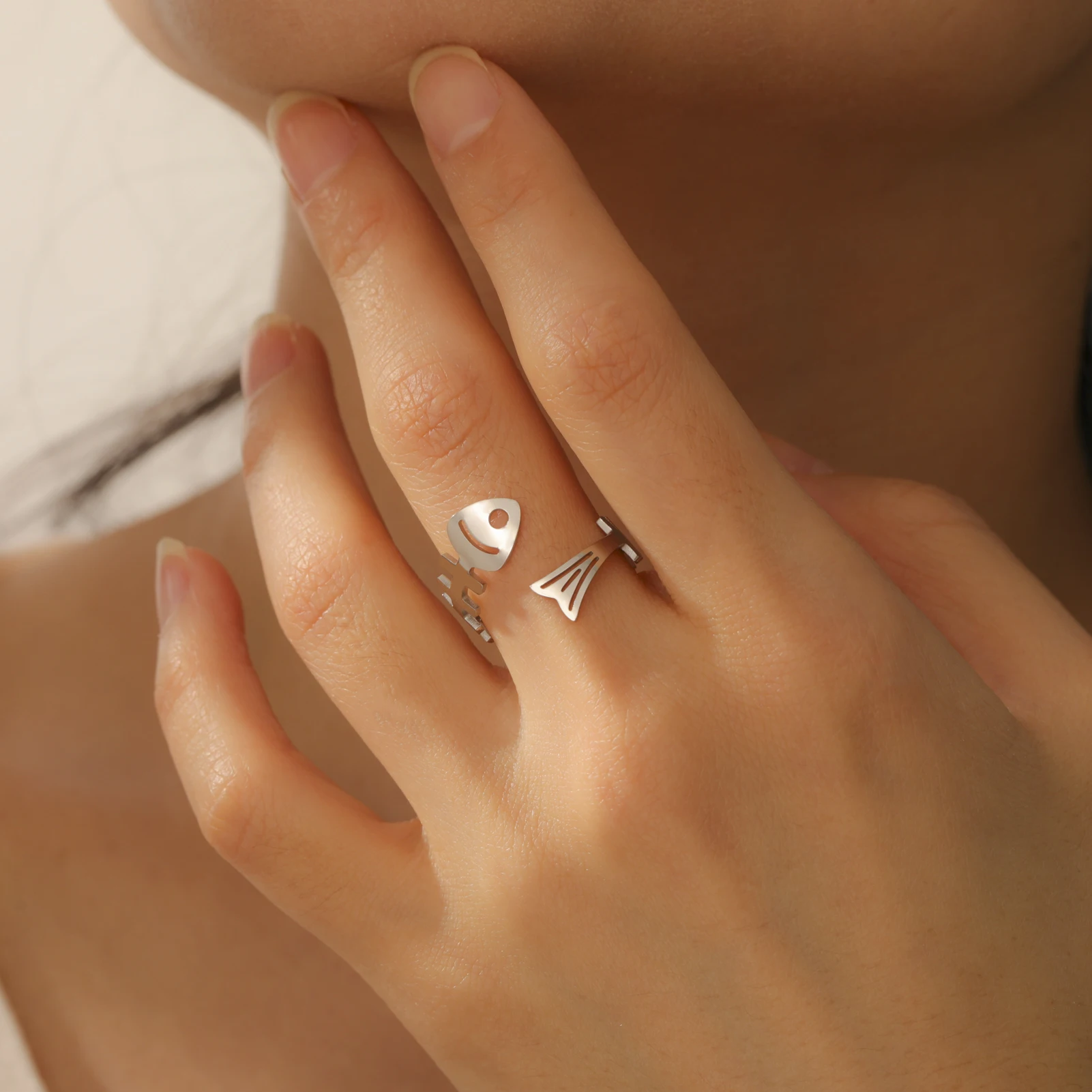 Skyrim Fish Bone Open Ladies' Ring Stainless Steel Cute and Interesting Marine Life Adjustable Ring Couple's Festival Jewelry
