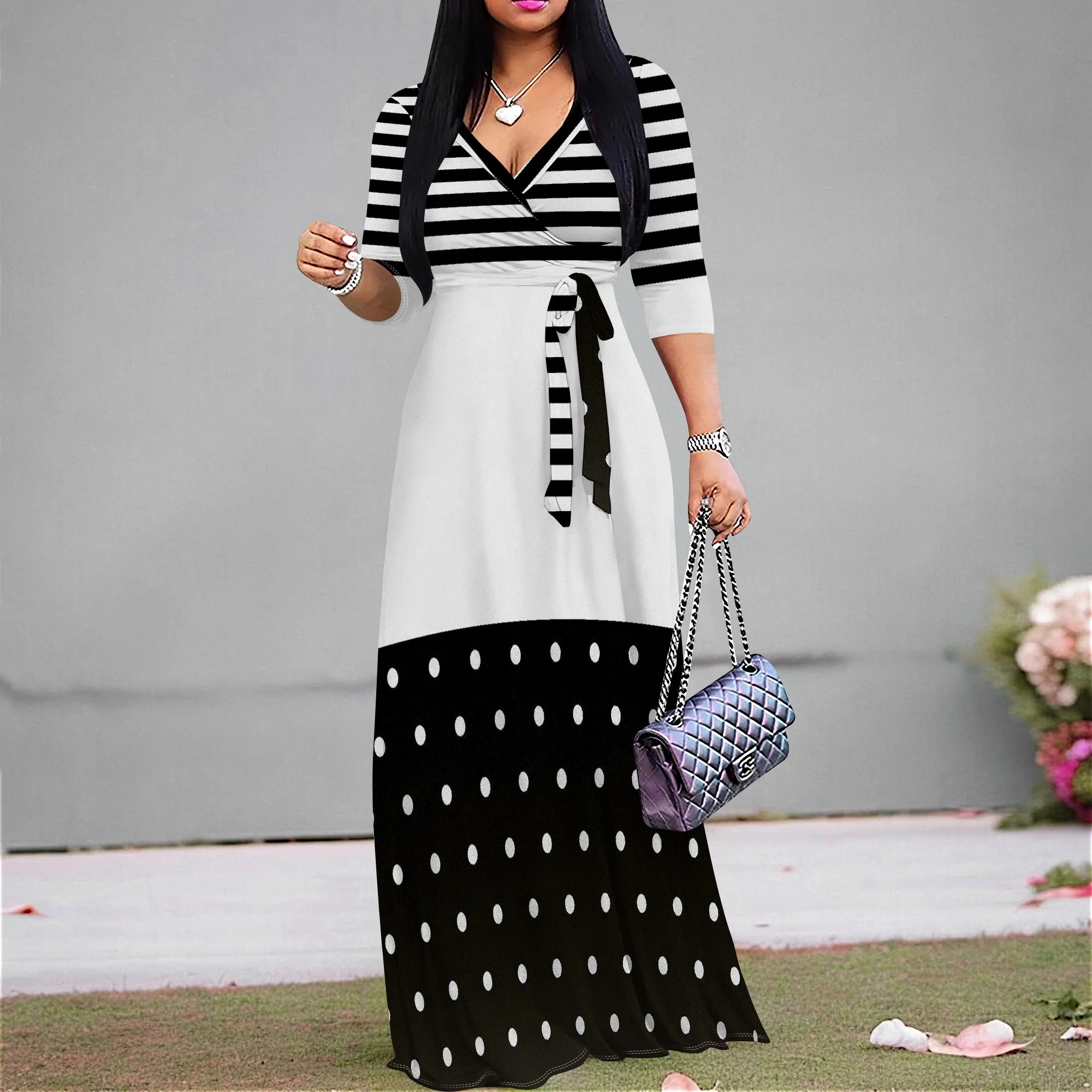 

Women's Striped & Polka Dot Patchwork Maxi Dress V-Neck A-Line Belted Party Dress S-3XL