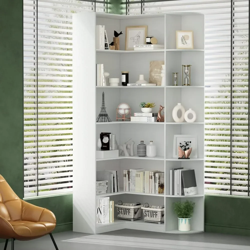 White Bookshelf, 6 Tiers Shelf Large Tall Corner Etagere Bookcase with Full Baffle, L-Shaped Modern Storage Display, Book shelf