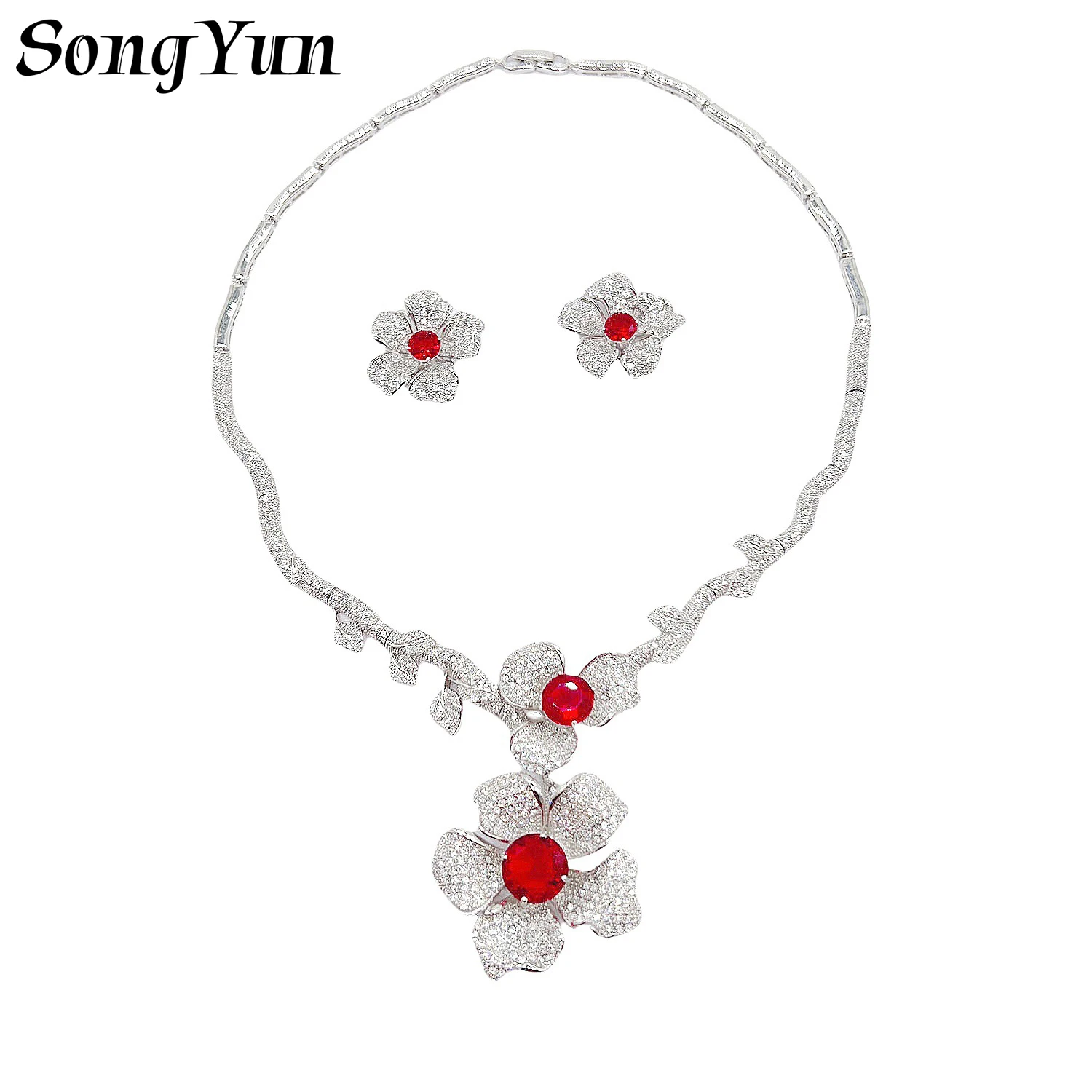 

Luxury Red Crystal and Sparkling Cubic Zirconia Earrings and Necklace 2PCS Bridal Jewelry Set for Wedding Engagement Party