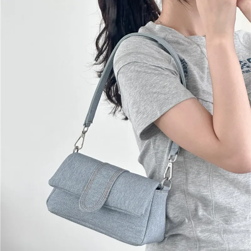 

Korean Denim Shoulder Bag Women 2024 New Fashion Luxury Solid Color PU Leather Handbag Lady Simple Vintage Black Underarm Bags